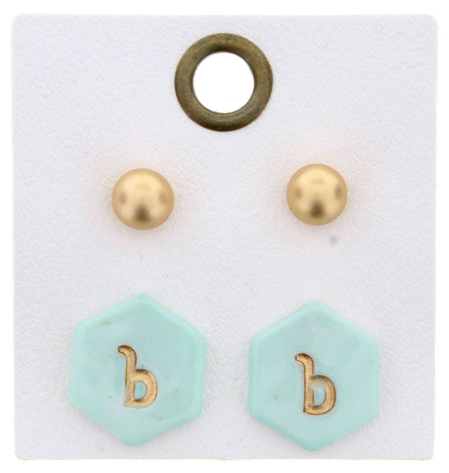 Gold Studs & Mint Stamped Initial "B" Hexagon Earring