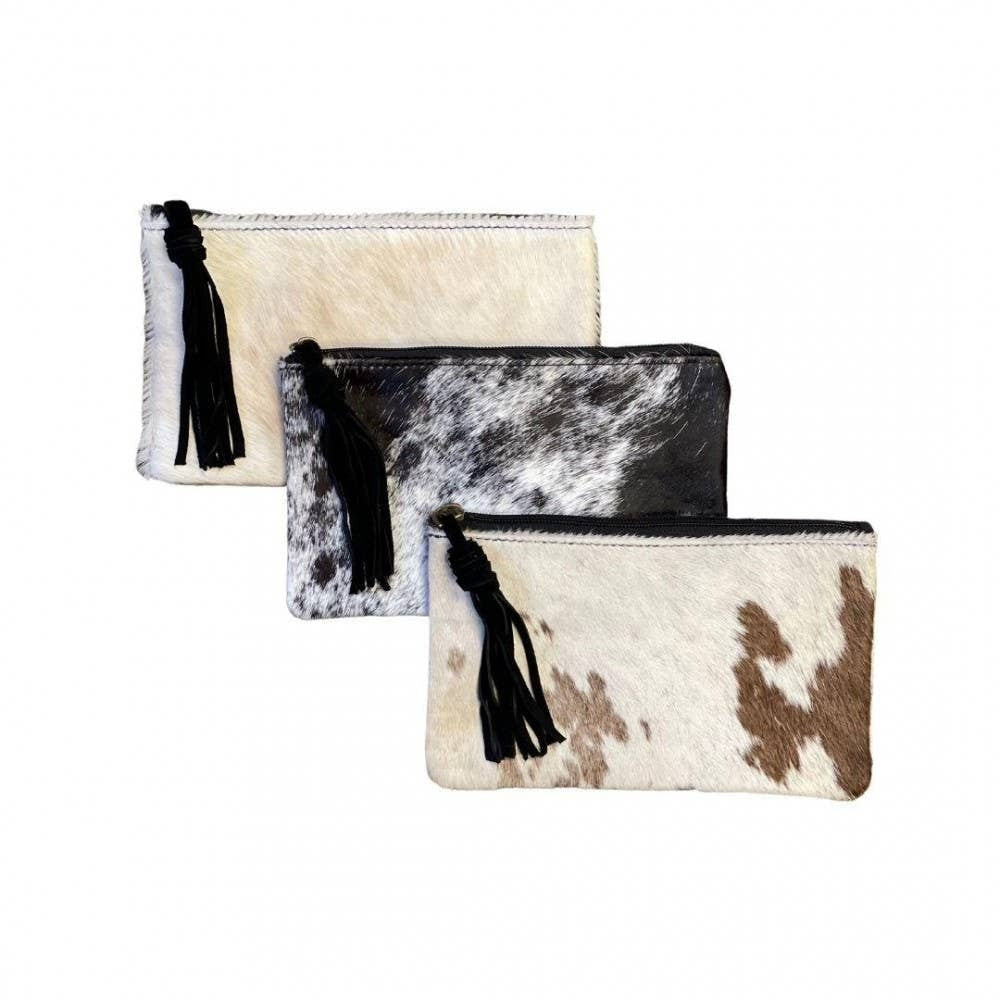 Genuine Cow Hide Pouch With Leather Tassel Zipper Pull