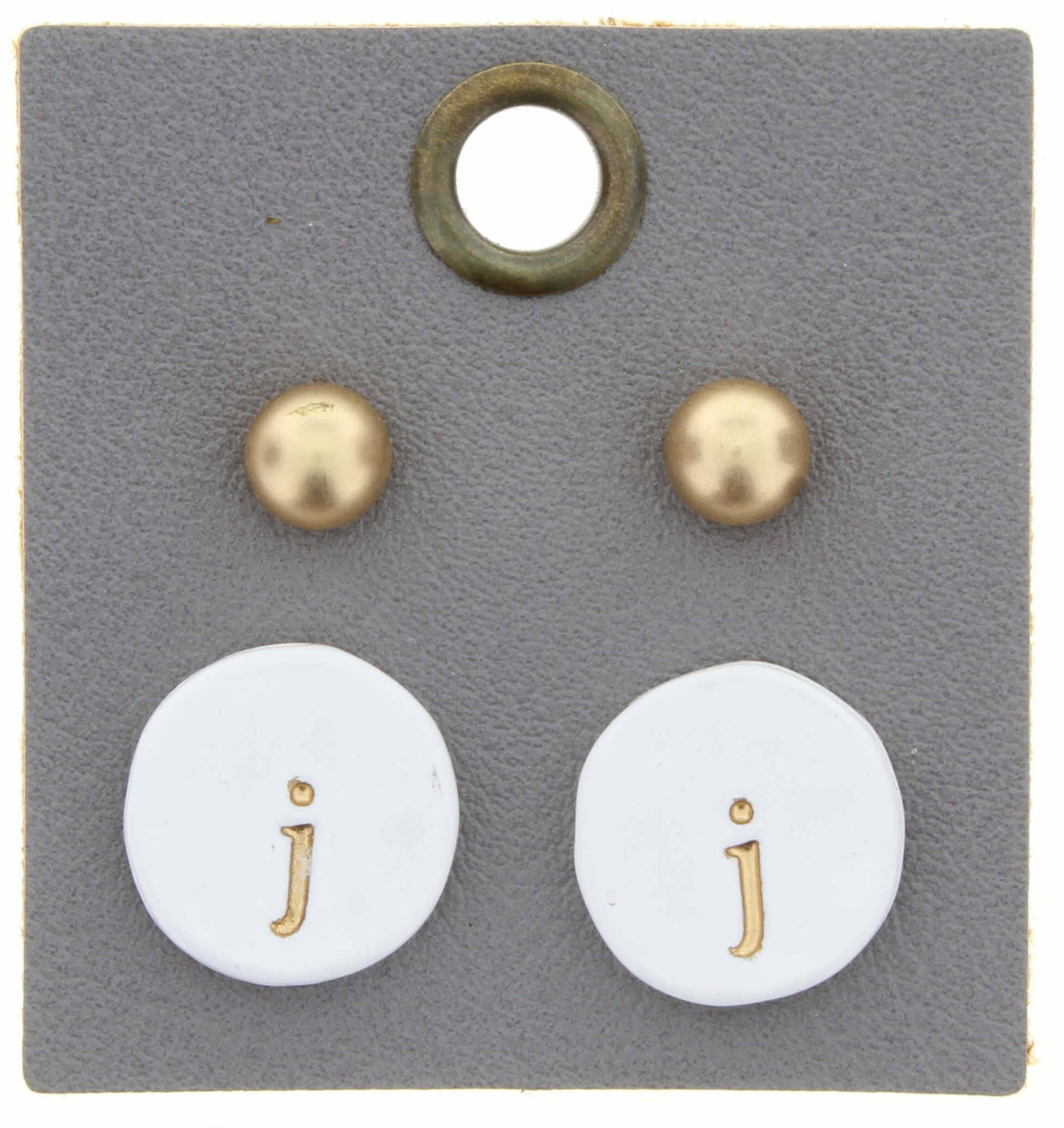 Gold Studs & White Stamped Initial "J" Disk Earring
