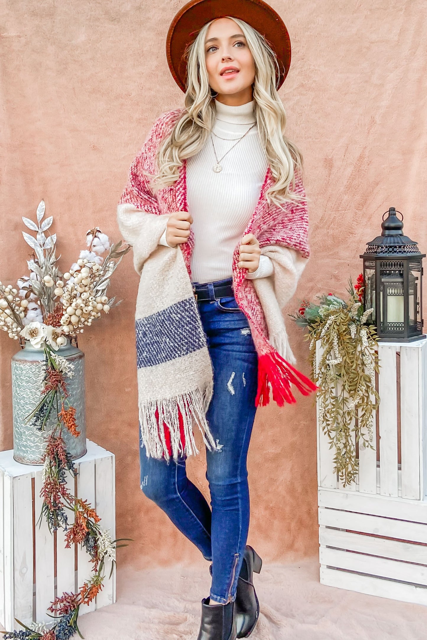 Beige Plaid Shawl with Fringe