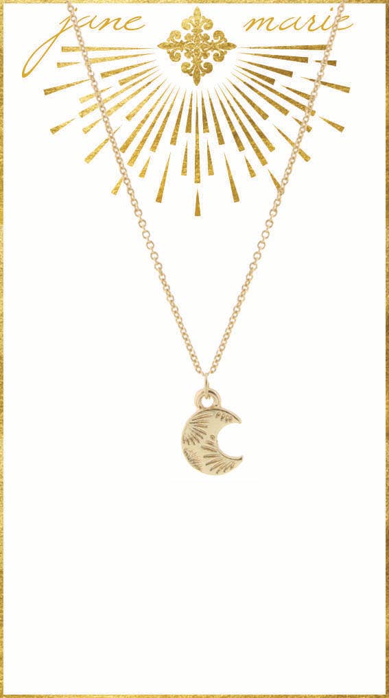 16" Gold Moon with Rays on Gold Chain Necklace, 3" Ext.