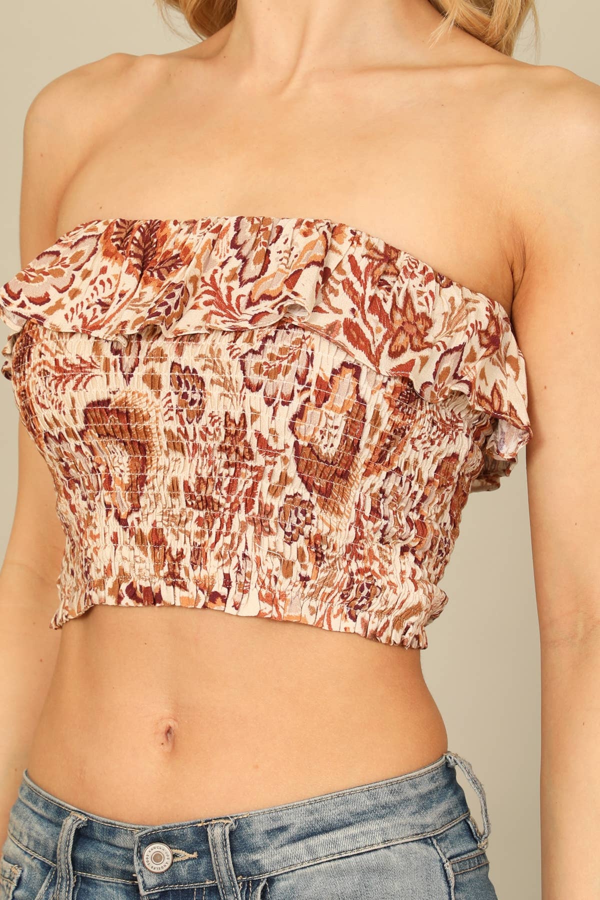 Smocked Ruffle Tube Floral Crop Top Fahion For Women