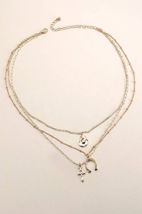 trio layer horseshoe cross charm necklace