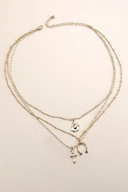 trio layer horseshoe cross charm necklace