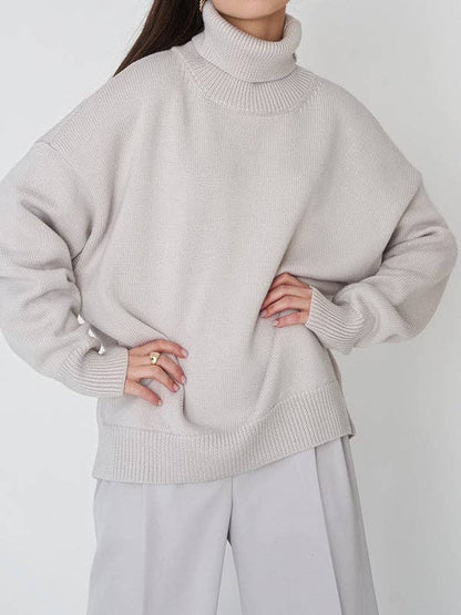 Long Sleeves Loose Solid Color High Neck Knitwear Sweater
