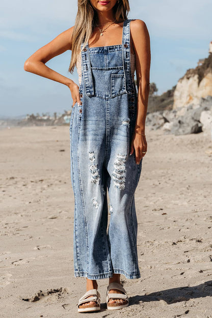 Distressed Pocketed Wide Leg Capri Denim Overall | 2 Colors