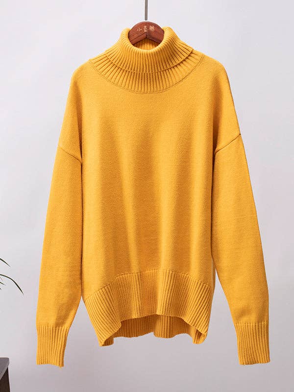 Long Sleeves Loose Solid Color High Neck Knitwear Sweater