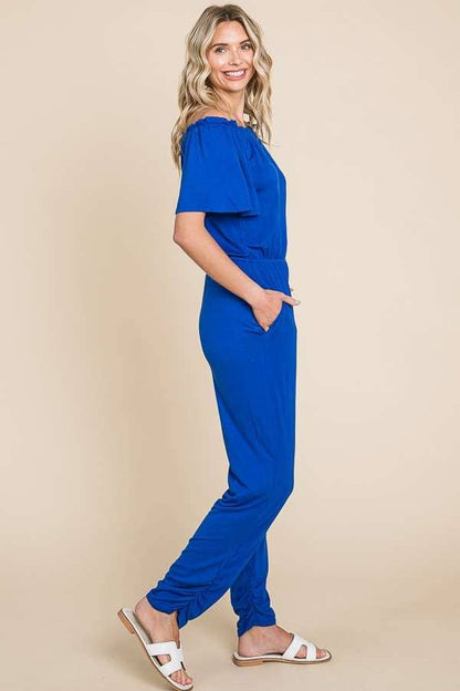 Off Shoulder Peasant Jumpsuit: XL, DESERT