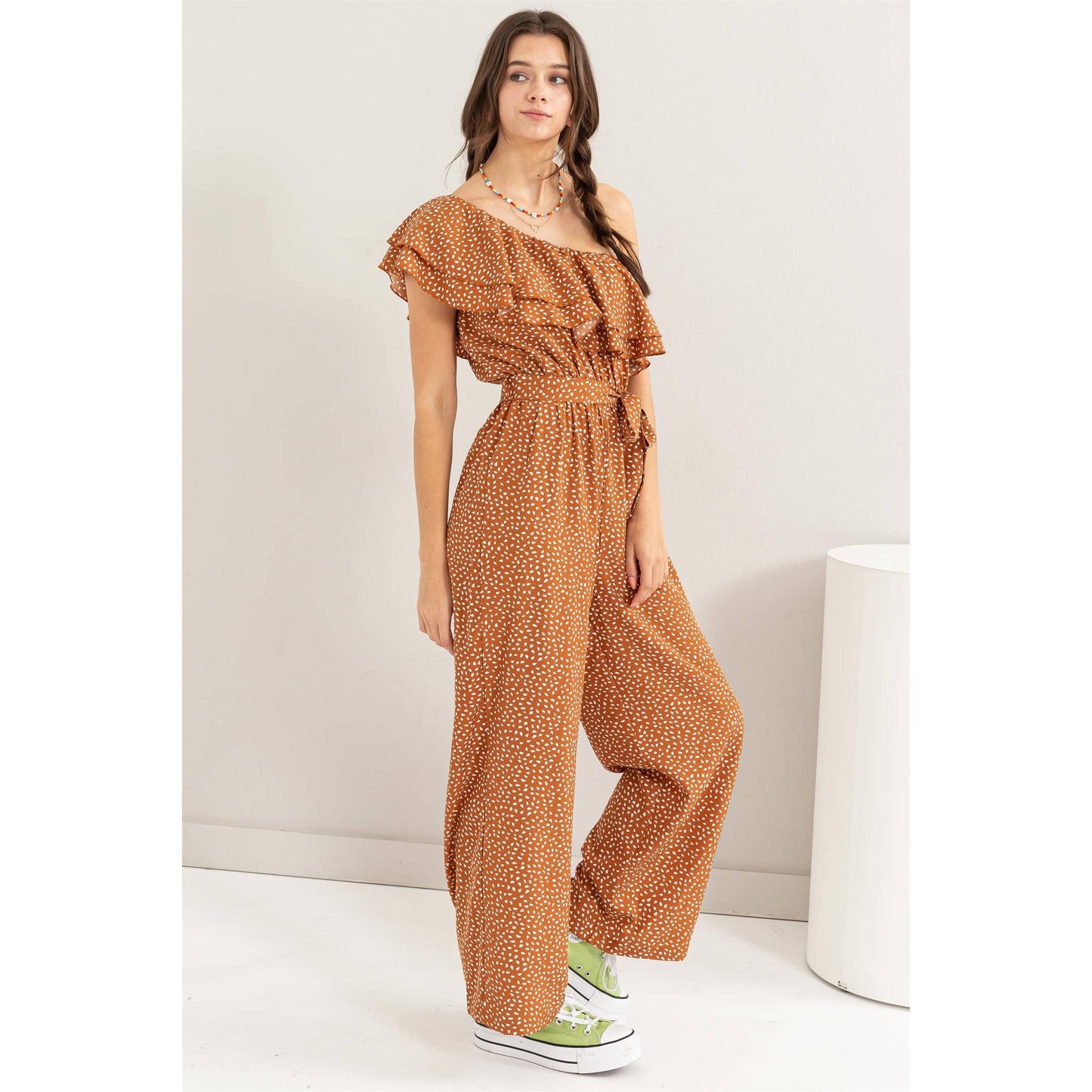 Dot Print Tie Belt One-shoulder Jumpsuit