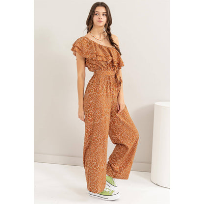Dot Print Tie Belt One-shoulder Jumpsuit