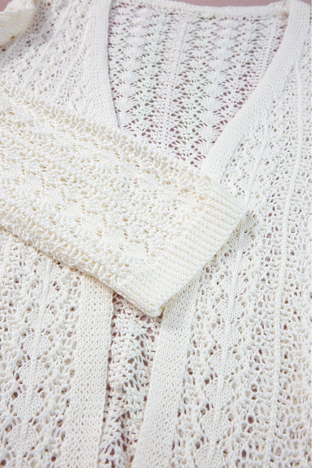 White Hollow Knit Drop Shoulder Cardigan
