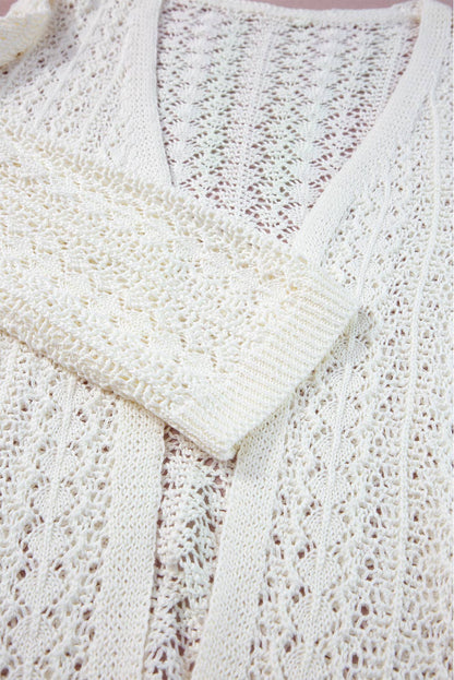 White Hollow Knit Drop Shoulder Cardigan