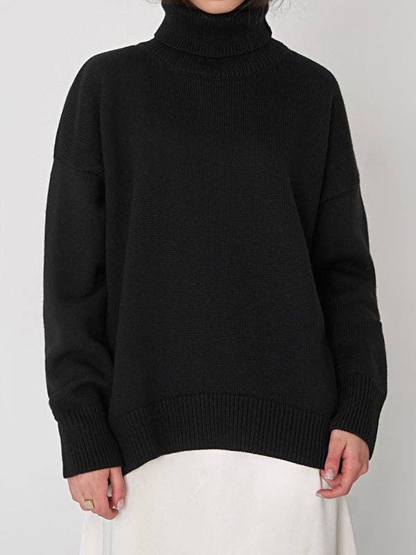 Long Sleeves Loose Solid Color High Neck Knitwear Sweater