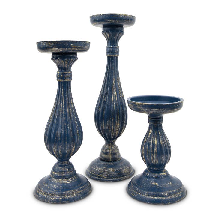 Wood Spindle Candle Holder - Navy Blue