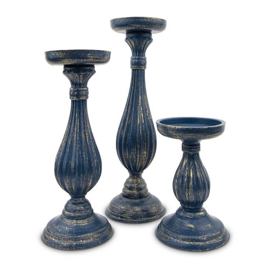 Wood Spindle Candle Holder - Navy Blue
