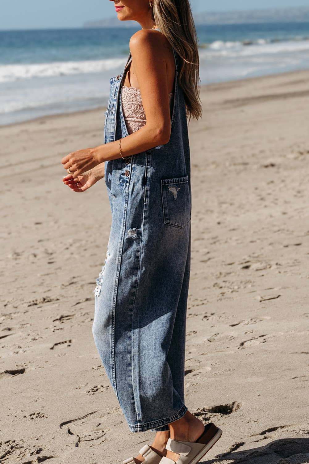 Distressed Pocketed Wide Leg Capri Denim Overall | 2 Colors