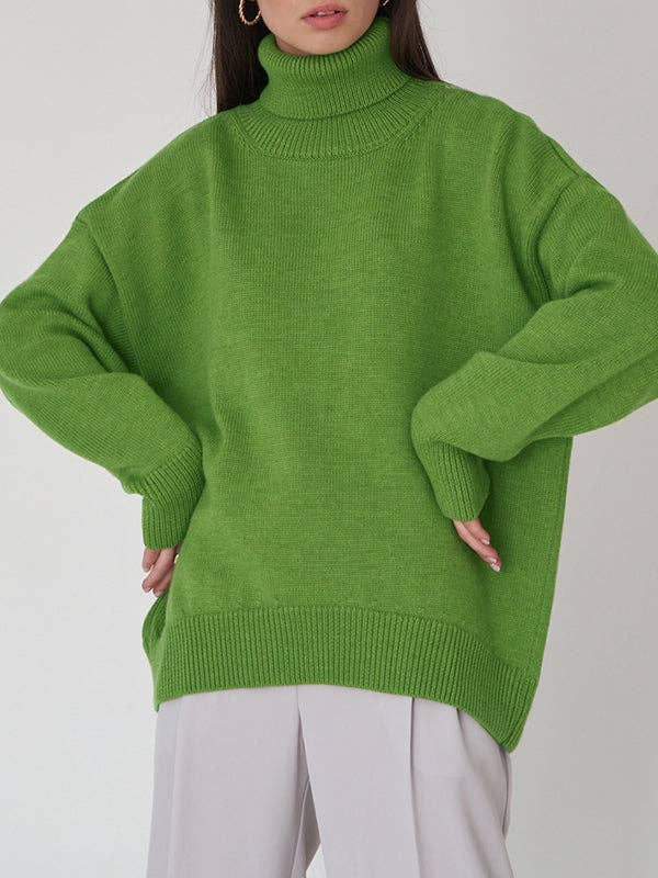 Long Sleeves Loose Solid Color High Neck Knitwear Sweater