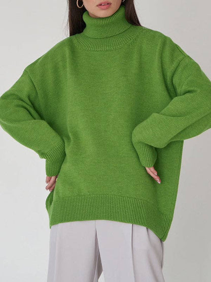Long Sleeves Loose Solid Color High Neck Knitwear Sweater