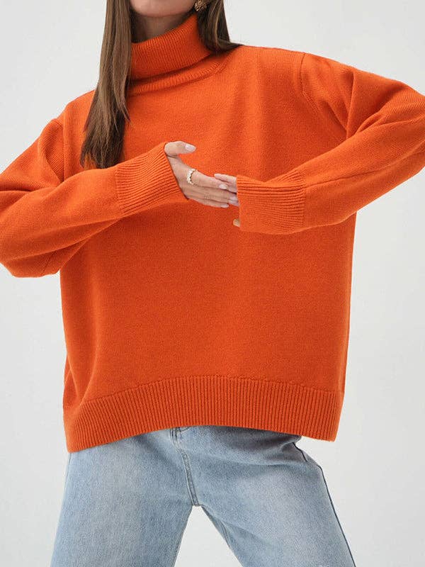 Long Sleeves Loose Solid Color High Neck Knitwear Sweater