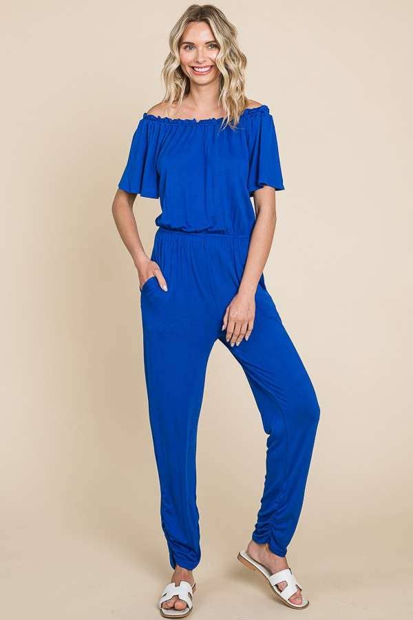 Off Shoulder Peasant Jumpsuit: XL, DESERT