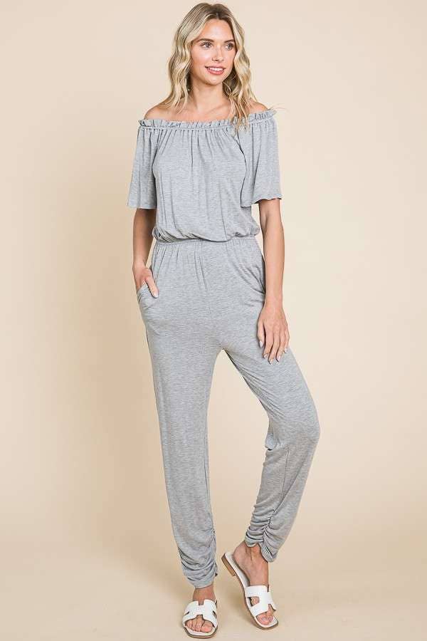 Off Shoulder Peasant Jumpsuit: XL, DESERT
