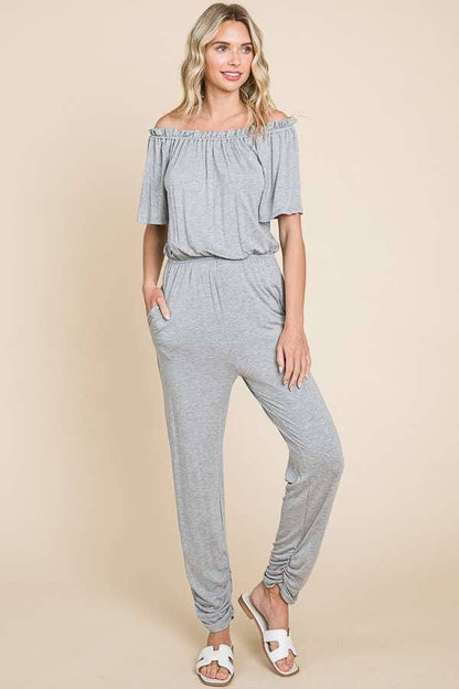 Off Shoulder Peasant Jumpsuit: XL, DESERT