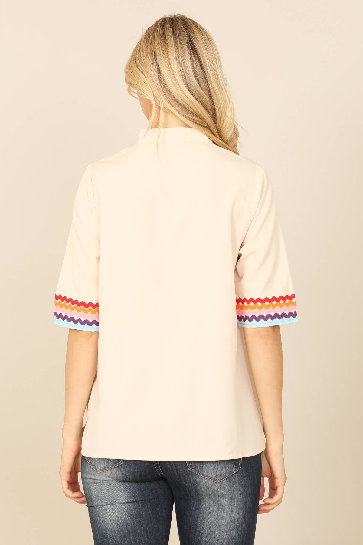 V-Neck Mandarin Collar Wave Half Sleeve Top