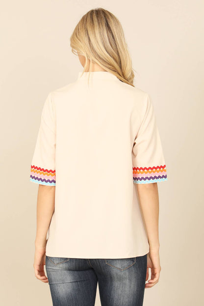 V-Neck Mandarin Collar Wave Half Sleeve Top