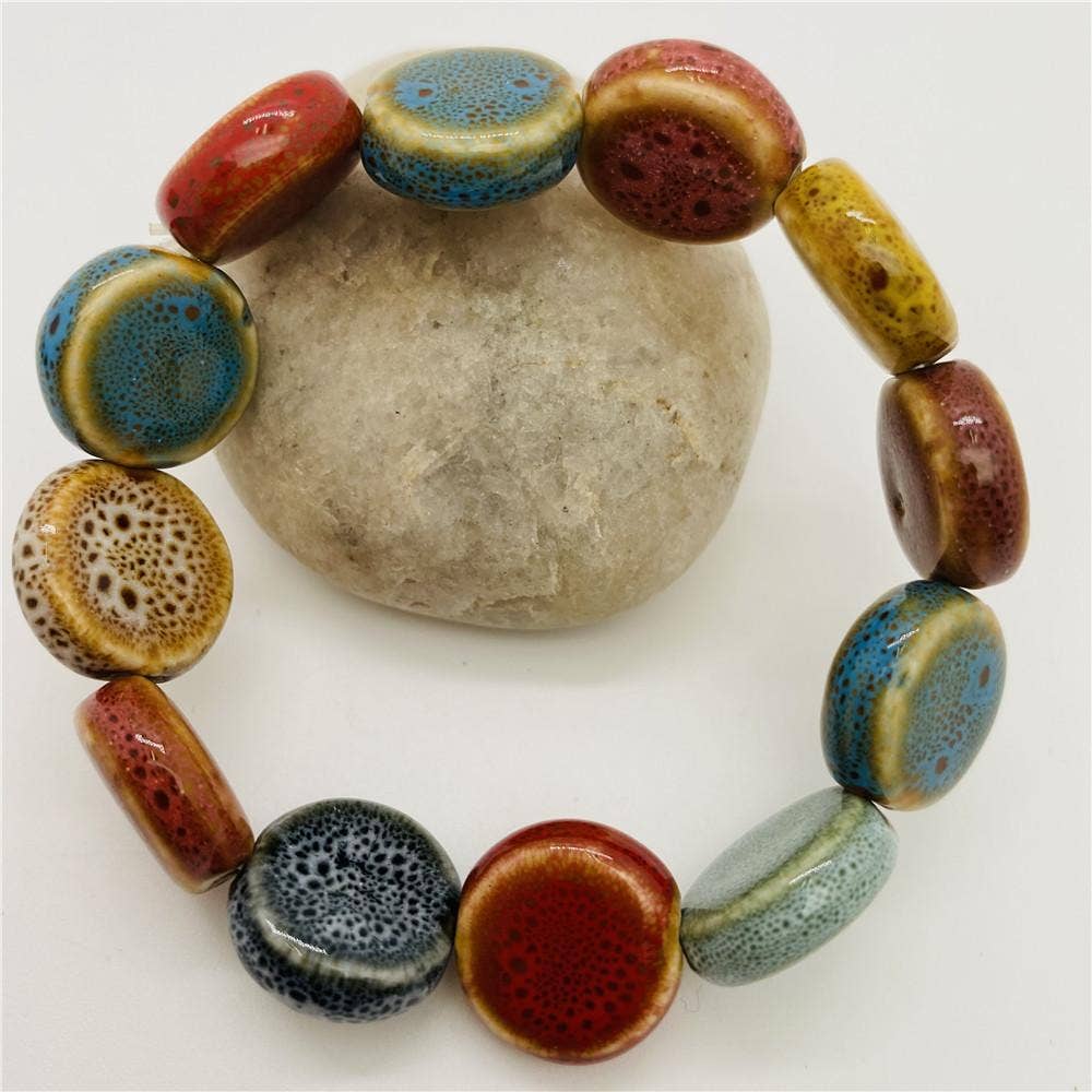 Colored Glazed Ceramic Elastic Bracelets: (Painted Pottery) Small Square