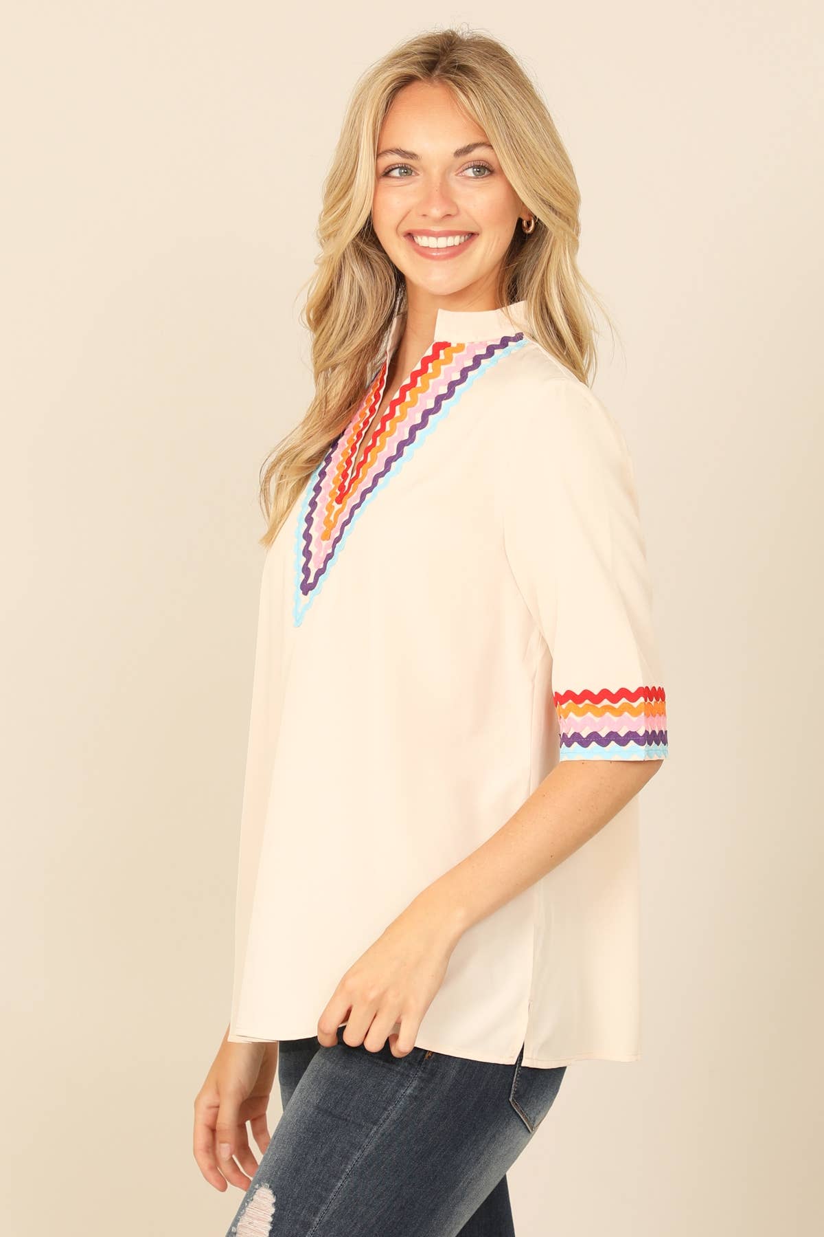 V-Neck Mandarin Collar Wave Half Sleeve Top