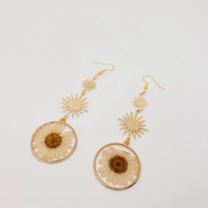 Bohemian Style Daisy Real Flower Pendant Earrings - PDF