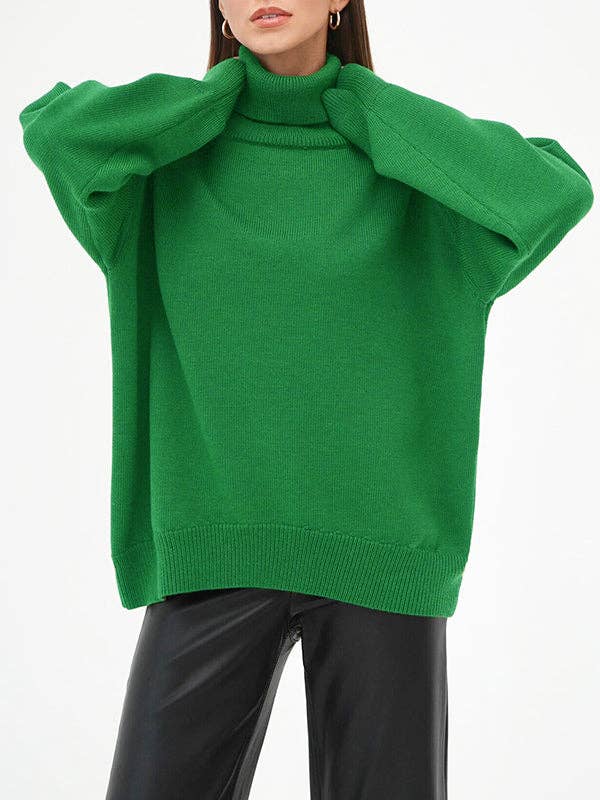 Long Sleeves Loose Solid Color High Neck Knitwear Sweater