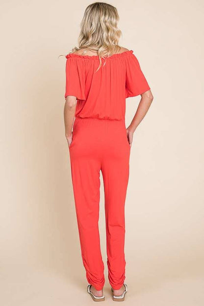 Off Shoulder Peasant Jumpsuit: XL, DESERT