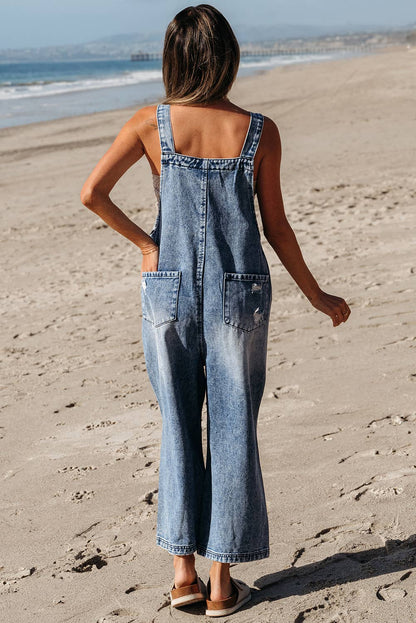 Distressed Pocketed Wide Leg Capri Denim Overall | 2 Colors