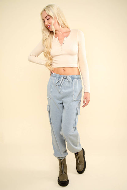 Easy comfy Casual Fitted Crop Henley Knit Top