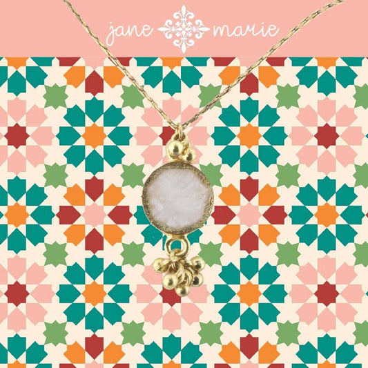 16" Pearl Pink Sun Stone Necklace with Gold Dangles, 3" Ext.