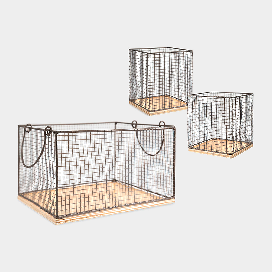 Farmhouse Chicken Wire & Wood Basket Set of 3