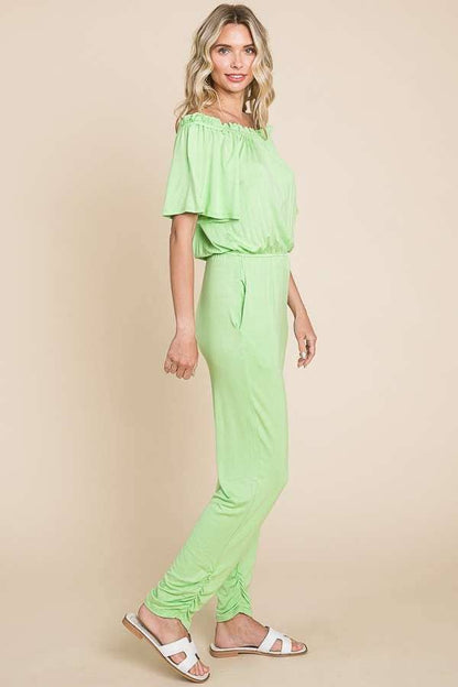Off Shoulder Peasant Jumpsuit: XL, DESERT