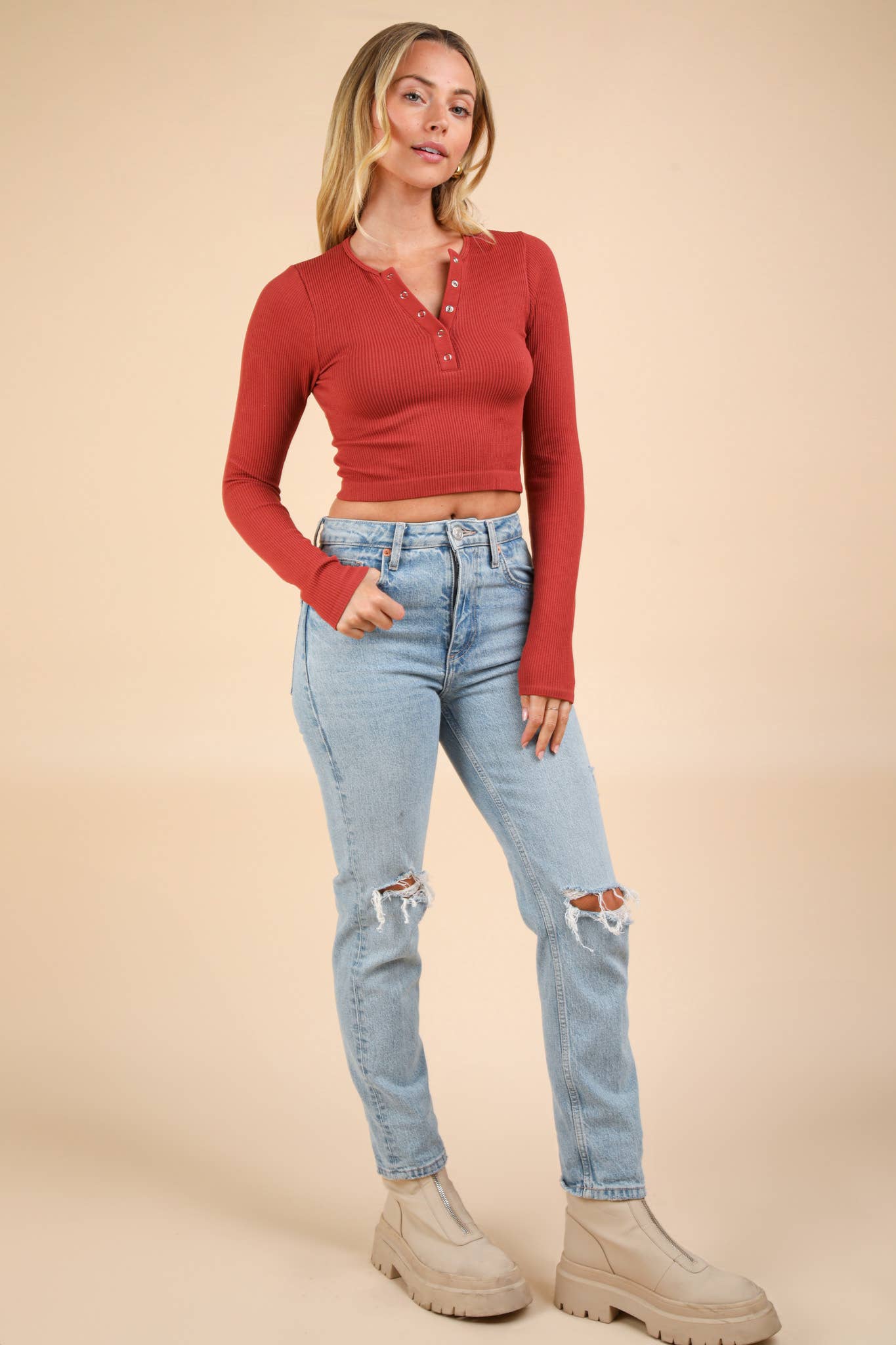 Easy comfy Casual Fitted Crop Henley Knit Top