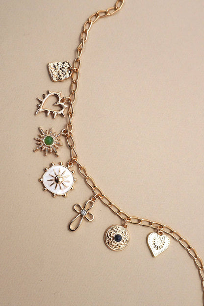 Charm Necklace-Heart Cross Sunburst Stone