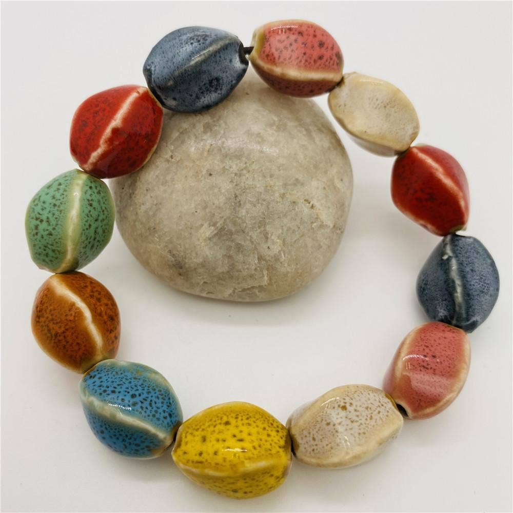 Colored Glazed Ceramic Elastic Bracelets: (Painted Pottery) Small Square