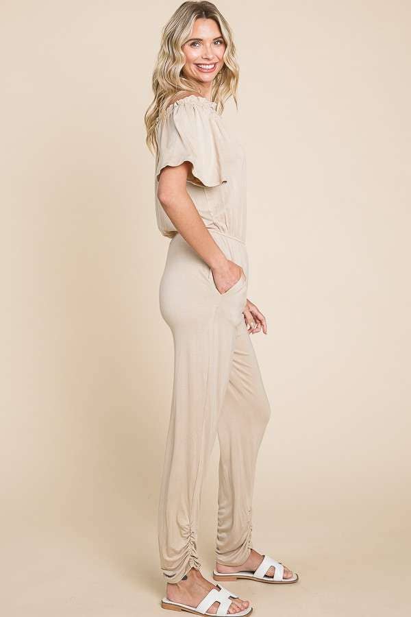 Off Shoulder Peasant Jumpsuit: XL, DESERT
