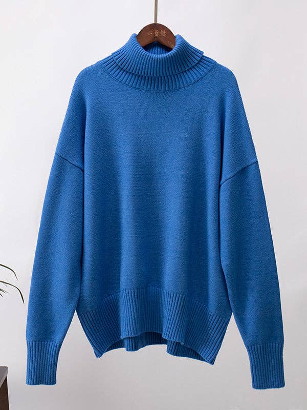Long Sleeves Loose Solid Color High Neck Knitwear Sweater