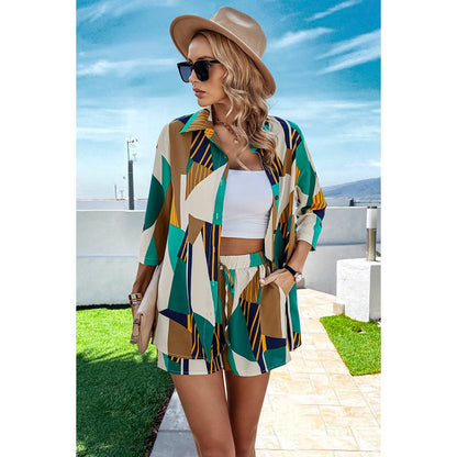 Graphic Print Open Front Pockets Blouse And Short