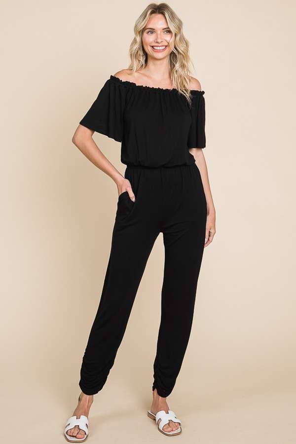 Off Shoulder Peasant Jumpsuit: XL, DESERT