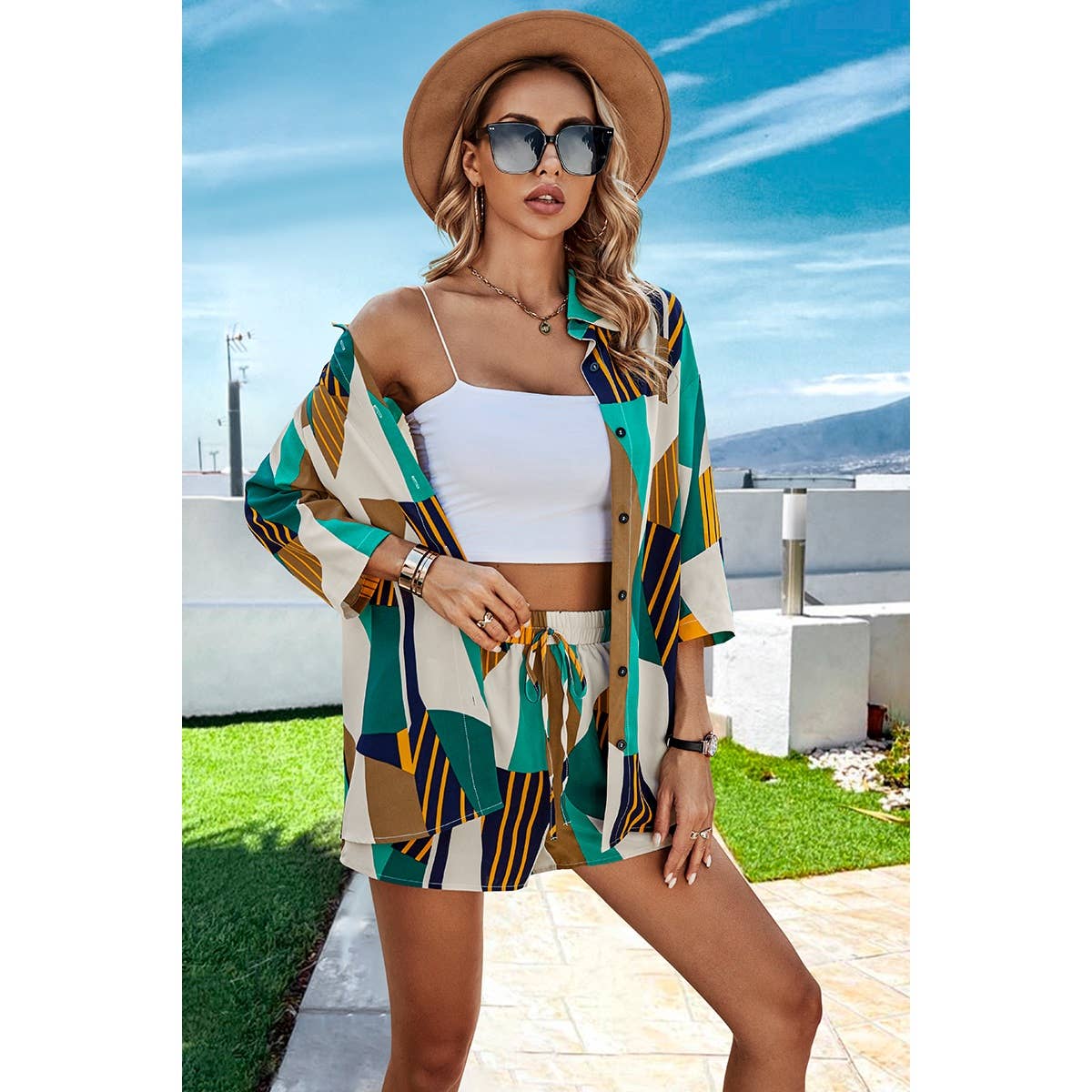 Graphic Print Open Front Pockets Blouse And Short