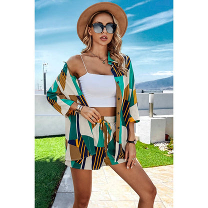 Graphic Print Open Front Pockets Blouse And Short