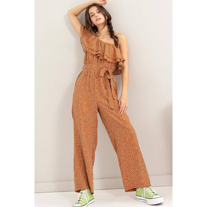 Dot Print Tie Belt One-shoulder Jumpsuit