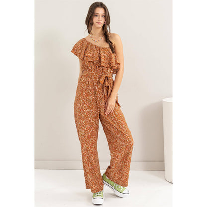 Dot Print Tie Belt One-shoulder Jumpsuit