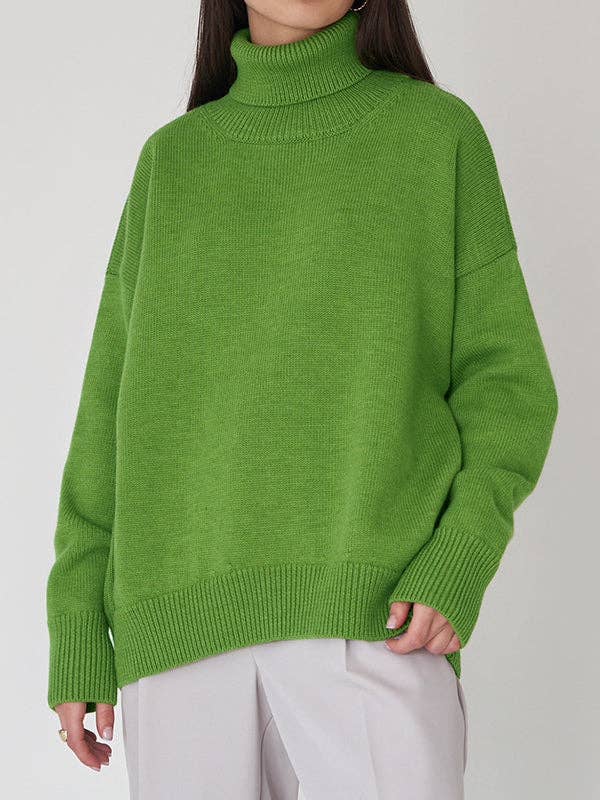 Long Sleeves Loose Solid Color High Neck Knitwear Sweater